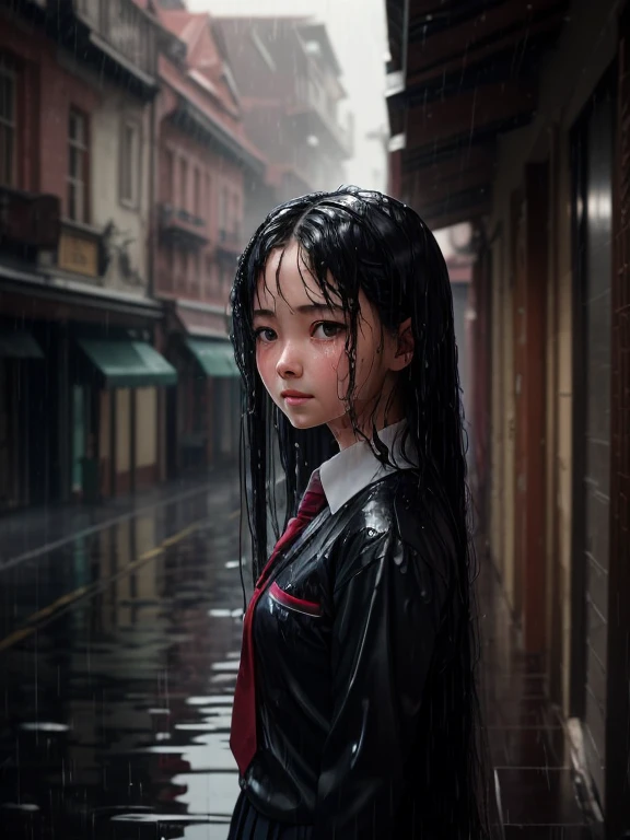 1 girl, long black hair, school uniform, shy, blushing, wet, rain, TRANSPARENT, (masterpiece, best quality), soft light, cinematic composition, cinema light effect