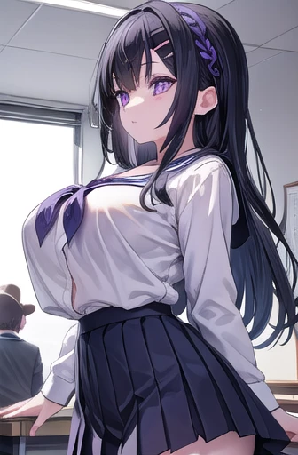 Otsuka, Miyako Ohtsuka, Long Hair, bangs, Hair Accessories, hairclip, Black Hair, (Purple eyes:1.1),
break skirt, Long sleeve, School Uniform, Pleated skirt, Seraph, Sailor collar,
break indoors, classroom,
break looking at viewer, (Cowboy Shot:1.5),
break (masterpiece:1.2), Best Quality, High resolution, Unity 8k wallpaper, (Illustration:0.8), (Beautiful detailed eyes:1.6), Highly detailed face, perfect lighting, Extremely detailed CG, (Perfect hands, Perfect Anatomy),Very large breasts、