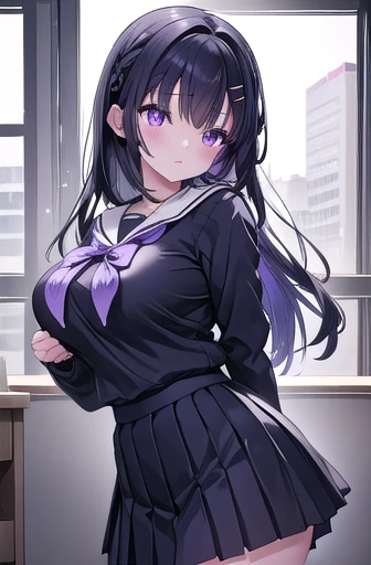 Otsuka, Miyako Ohtsuka, Long Hair, bangs, Hair Accessories, hairclip, Black Hair, (Purple eyes:1.1),
break skirt, Long sleeve, School Uniform, Pleated skirt, Seraph, Sailor collar,
break indoors, classroom,
break looking at viewer, (Cowboy Shot:1.5),
break (masterpiece:1.2), Best Quality, High resolution, Unity 8k wallpaper, (Illustration:0.8), (Beautiful detailed eyes:1.6), Highly detailed face, perfect lighting, Extremely detailed CG, (Perfect hands, Perfect Anatomy),Very large breasts、