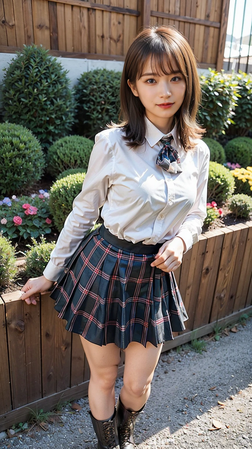 (8k、RAW Photos、Best Quality、masterpiece:1.2)、(Realistic、Realistic)、1 person、((Medium Hair、High school girl uniform、blazer、shirt、Chest ribbon、Breast enlargement、Checked skirt、Thin legs、boots、View from the front、Looking into the camera、garden、Stand with hands on hips))、cute