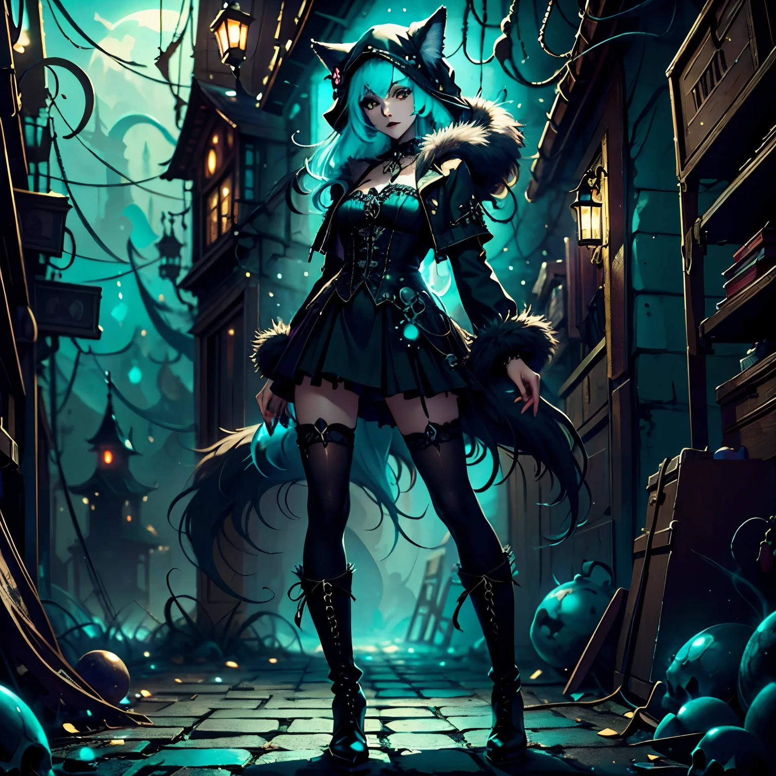 [Best quality, Shaded, extreme detail, highly detailed, ultra detailed, intricate, Realistic, perfect face], wolf woman, full body portrait, full fur, magic fur, full tail, big signal, magic tail, long hair (hair colorful), hat on the head (gothic style), almond-shaped eyes (bright turquoise color), expressive smile, charming face, gothic clothing (dark color with magic skulls), black fur tights, shoes (gothic style high boots ), the scene takes place in a narrow alley with a sinister and dark atmosphere.