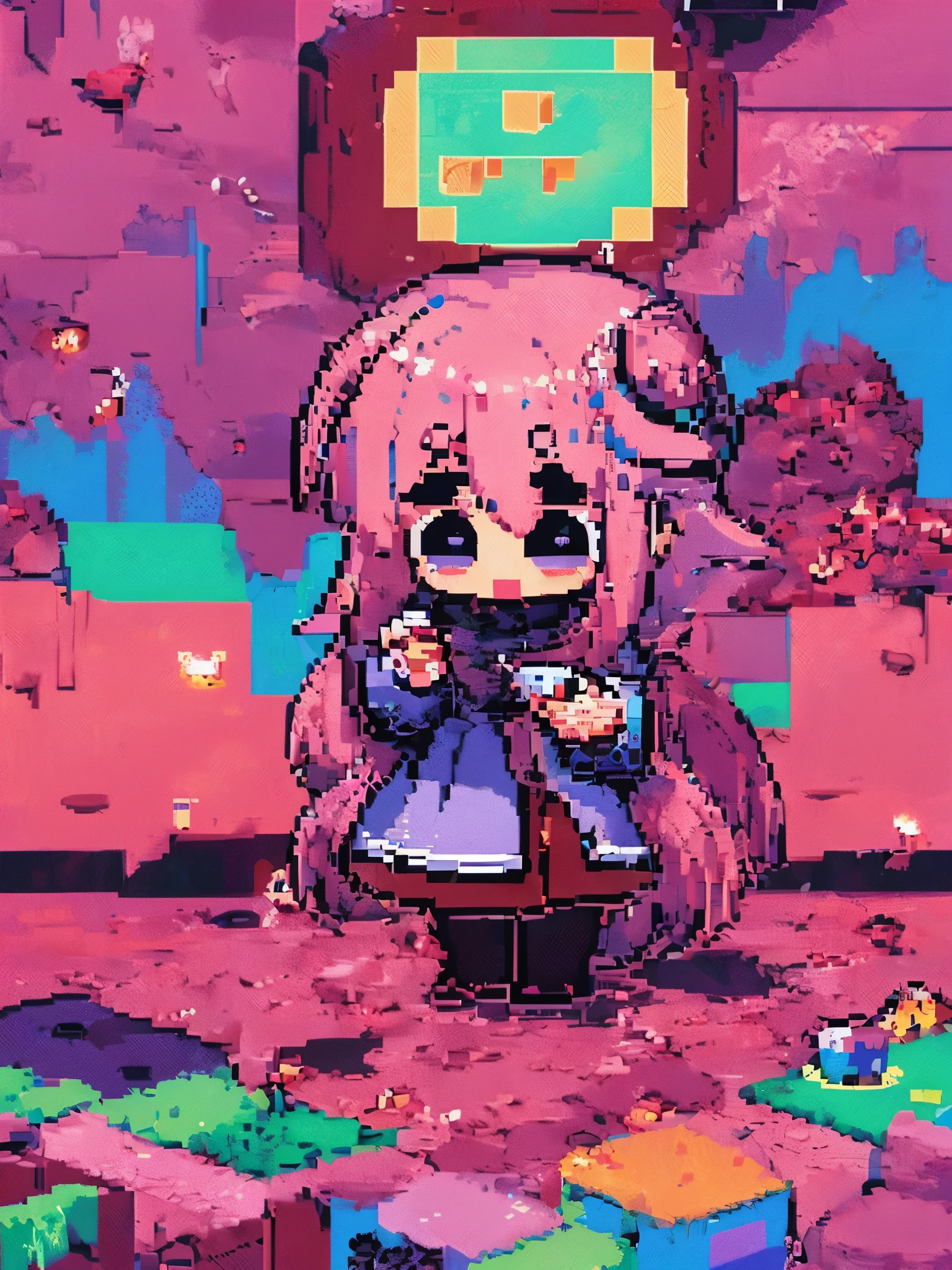 (pixel:1.3),(pixel art:1.3),(solo:1.3),1girl\(smile, cute,big eyes,hair\(fluffy sheep wool\), Pink Hair,, (((Thick eyebrows))), Pink dress, blue Cardigan, short boots,\),isometric view