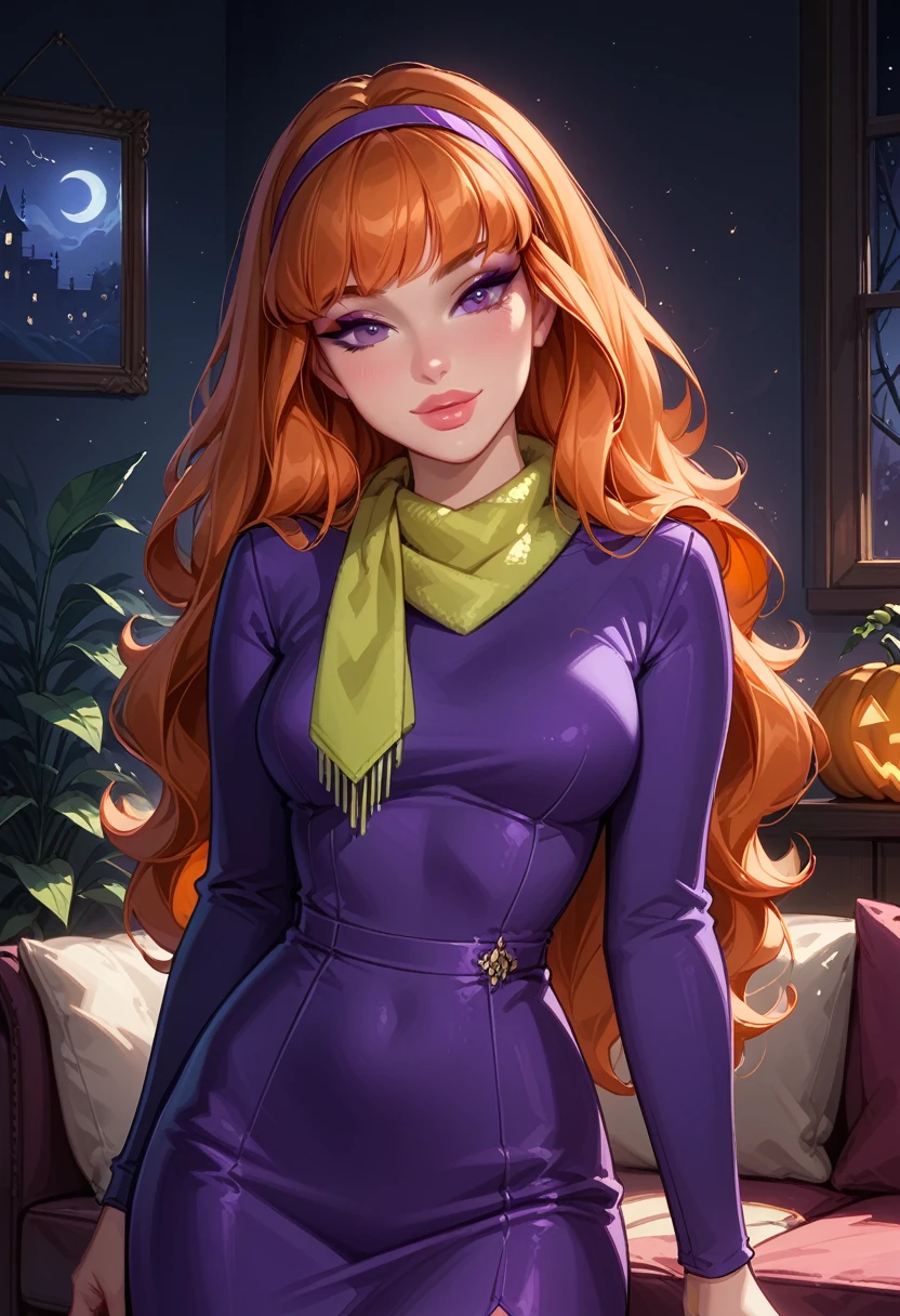 score_9, score_8_up, score_7_up, cinematic film still, solo, 1girl, very sexy (EPsbdDaphne, orange hair, long hair, purple eyes, purple hairband, green scarf, short purple dress, long sleeves:1.3), beautiful waifu, thicc, flirt, gaze, sexy look, half-closed eyes, head tilt, filled lips, thick lips, sweet smile, makeup, sexy pose, confident, in her living room, Halloween theme, haunted, cowboy shot, night, dark, expressiveh d4rk01l, perfect hands, perfect proportions.