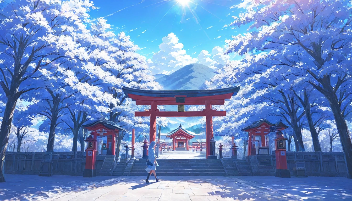 One Woman,pastel,Women are walking,Under the blue sky,Light shines in,Shrine in the mountains,Visiting a shrine,View from afar,A touching scene,Strong contrast