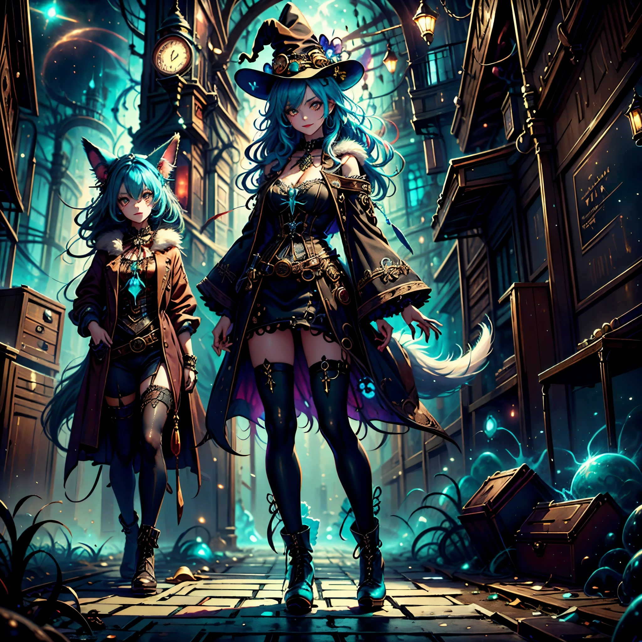 [best quality, shady, extreme detail, Very detailed, ultradetailed, complex, Realistic], woman, hairy woman, wolf woman, full body portrait, full fur, magic fur, full tail, big tail, magic tail, long hair (Colored hair), hat on the head (steampunk style witch hat), almond-shaped eyes (bright turquoise color), expressive smile, charming face, Witch Outfit (dark color with magic runes, the outfit is steampunk style), black tights, shoes (steampunk high boots), the scene takes place in a narrow alley with a sinister and dark atmosphere.