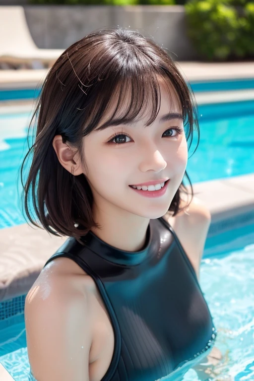 NIKON ,8K,超A high resolution ,(photographrealistic: 1.1) ,Detailed face ,1人の女性 ,bob cuts ,(tits out:1.1) ,a baby face ,Erotic face ,a closeup ,swim wears ,