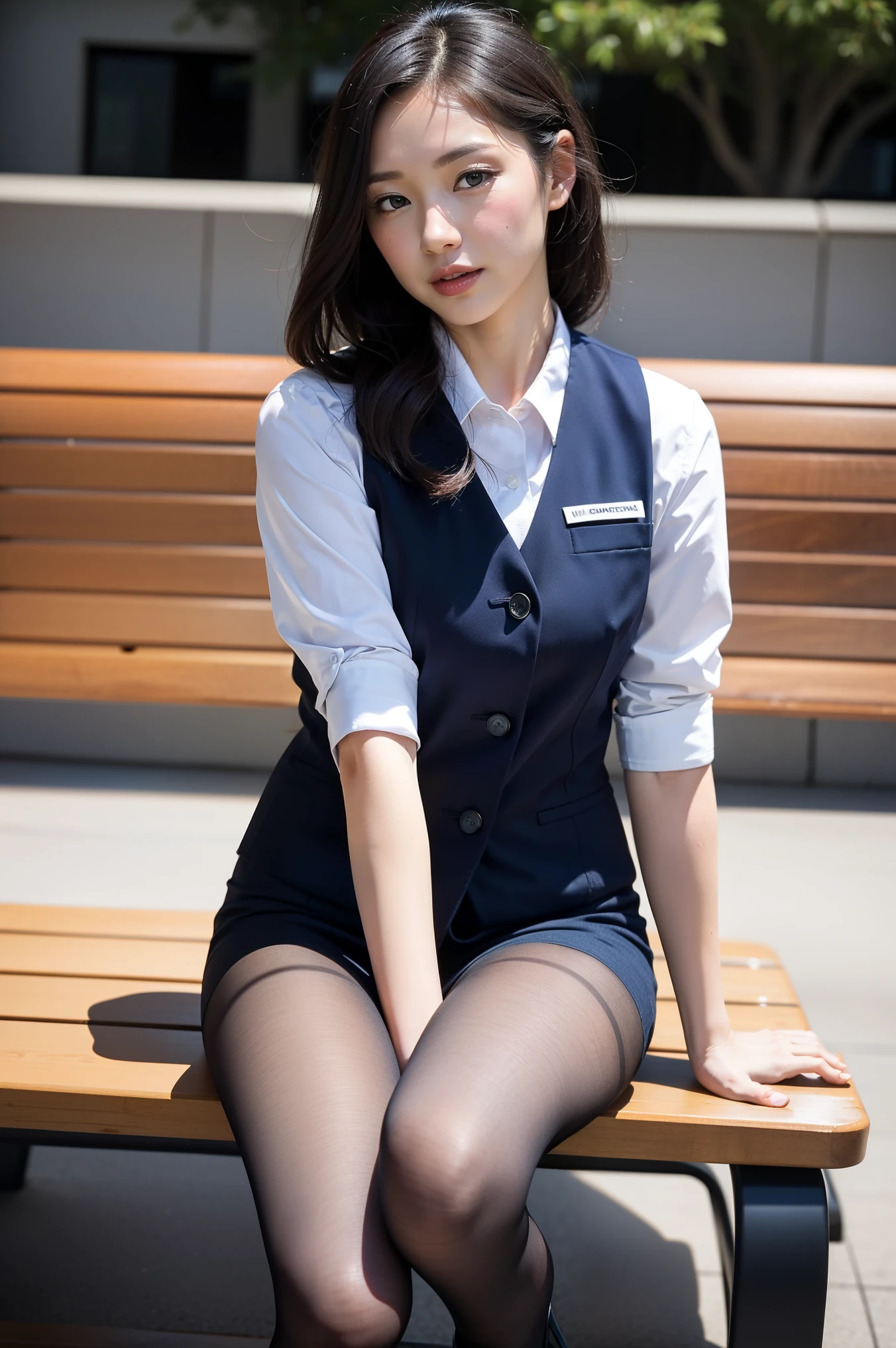Tabletop, highest quality, 8k, office ladyー、Mei Watanabe、Award-winning portraits, smile, alone, Digital single-lens reflex camera, Looking at the audience, Thin arms, whole body、Professional Lighting ,{Sitting on a chair on a bus}, Short black hair, hairpin、office lady、Unbutton your shirt、{{Tight Skirt、Pencil Skirt、mini skirt}}、Black and white panties、black and white bra、View from the front