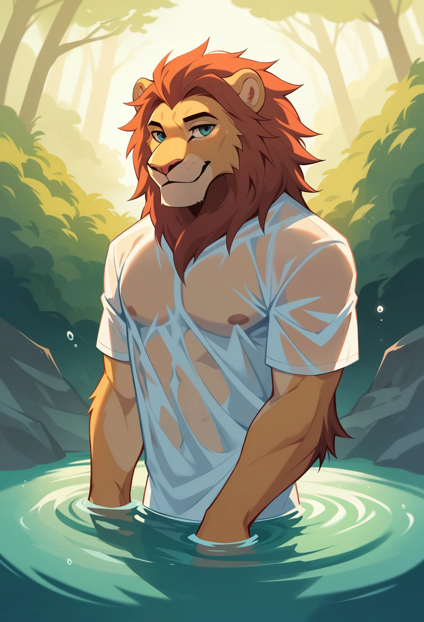 cover page, highres, top quality, best quality, paid reward available, unparalleled masterpiece, perfect artwork, absurdres, High-quality illustrations, bathing in water, beautiful refraction of water, shirt soaked in water, transparent clothing, Rich colors, Dreamy, mystical, erotic, dynamic and intricately defined muscular physique(In the forest where the stream flows, Backlighting)perfect anatomy(angelic cute 1boy)(Furry, Solo focus)(furry anthro, furry body, Facial features of male lion, Features of the male lion body)(portrait)cinematic lighting, dynamic angle,