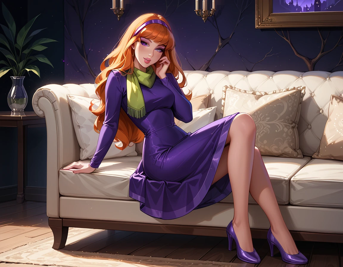 score_9, score_8_up, score_7_up, cinematic film still, solo, 1girl, very sexy (EPsbdDaphne, orange hair, long hair, purple eyes, purple hairband, green scarf, short purple dress, long sleeves, high heels:1.3), beautiful waifu, thicc, flirt, gaze, sexy look, half-closed eyes, head tilt, filled lips, thick lips, sweet smile, makeup, sexy pose, confident, relaxing on a large comfy sofa, in her living room, Halloween theme, haunted, night, dark, expressiveh d4rk01l, perfect hands, perfect proportions.