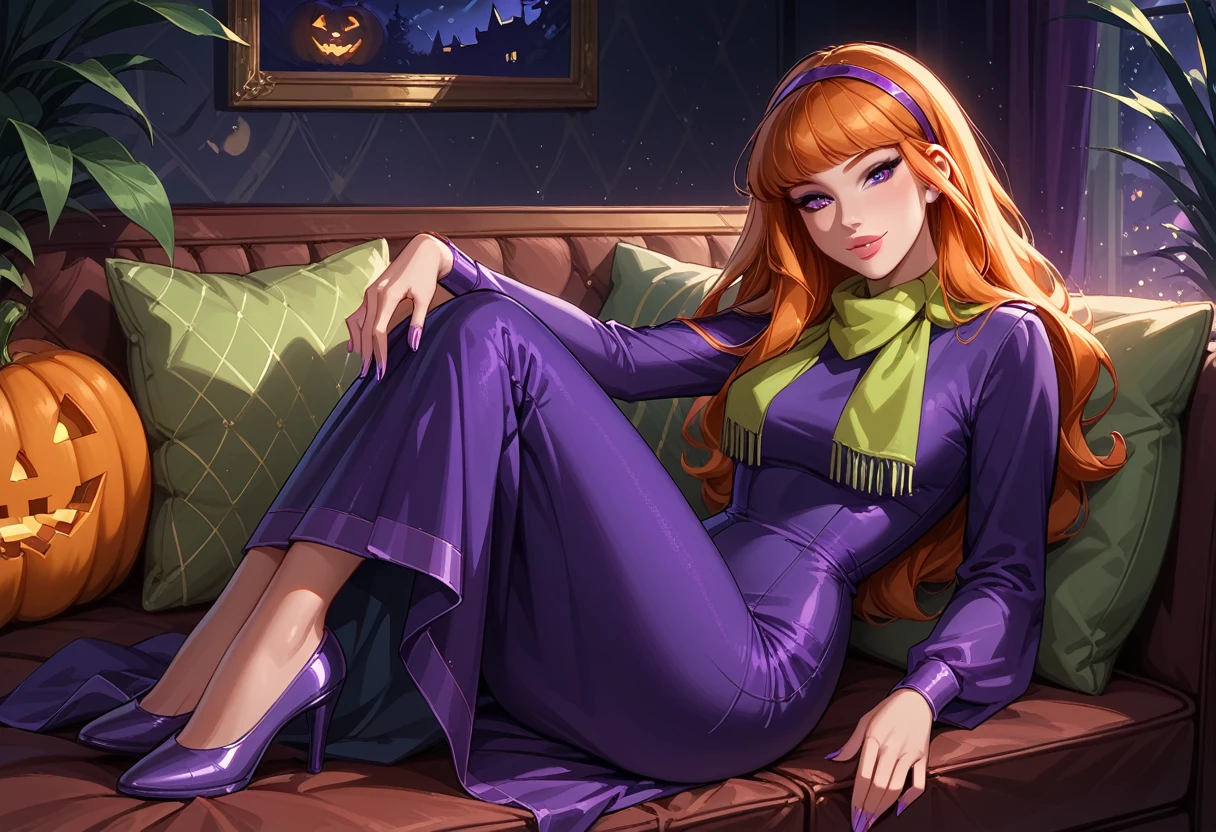 score_9, score_8_up, score_7_up, cinematic film still, solo, 1girl, very sexy (EPsbdDaphne, orange hair, long hair, purple eyes, purple hairband, green scarf, short purple dress, long sleeves, high heels:1.3), beautiful waifu, thicc, flirt, gaze, sexy look, half-closed eyes, head tilt, filled lips, thick lips, sweet smile, makeup, sexy pose, confident, relaxing on a large comfy sofa, in her living room, Halloween theme, haunted, night, dark, expressiveh d4rk01l, perfect hands, perfect proportions.