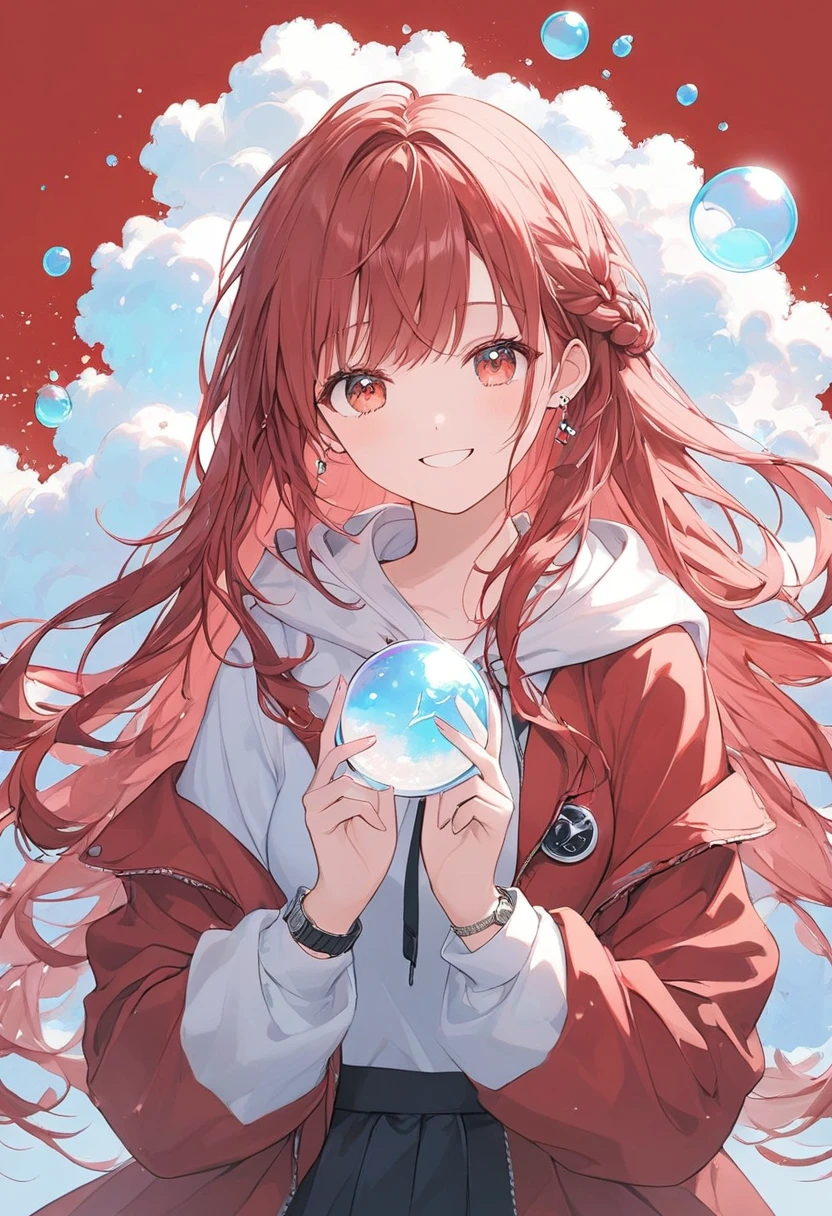 A smiling woman,pastel,smile,happiness,Red base,Red eyes,Shining Eyes,Red Hair,Long Hair,Braided on the side,A worn-out red coat,Blue hoodie,Black Skirt,The background glows red,pale,White Foam,Lots of soap bubbles,Backlight,A masterpiece held in both hands,Best Quality,Exquisite,8k,Absurd,Ultra-detailed illustrations,(Watch the audience)