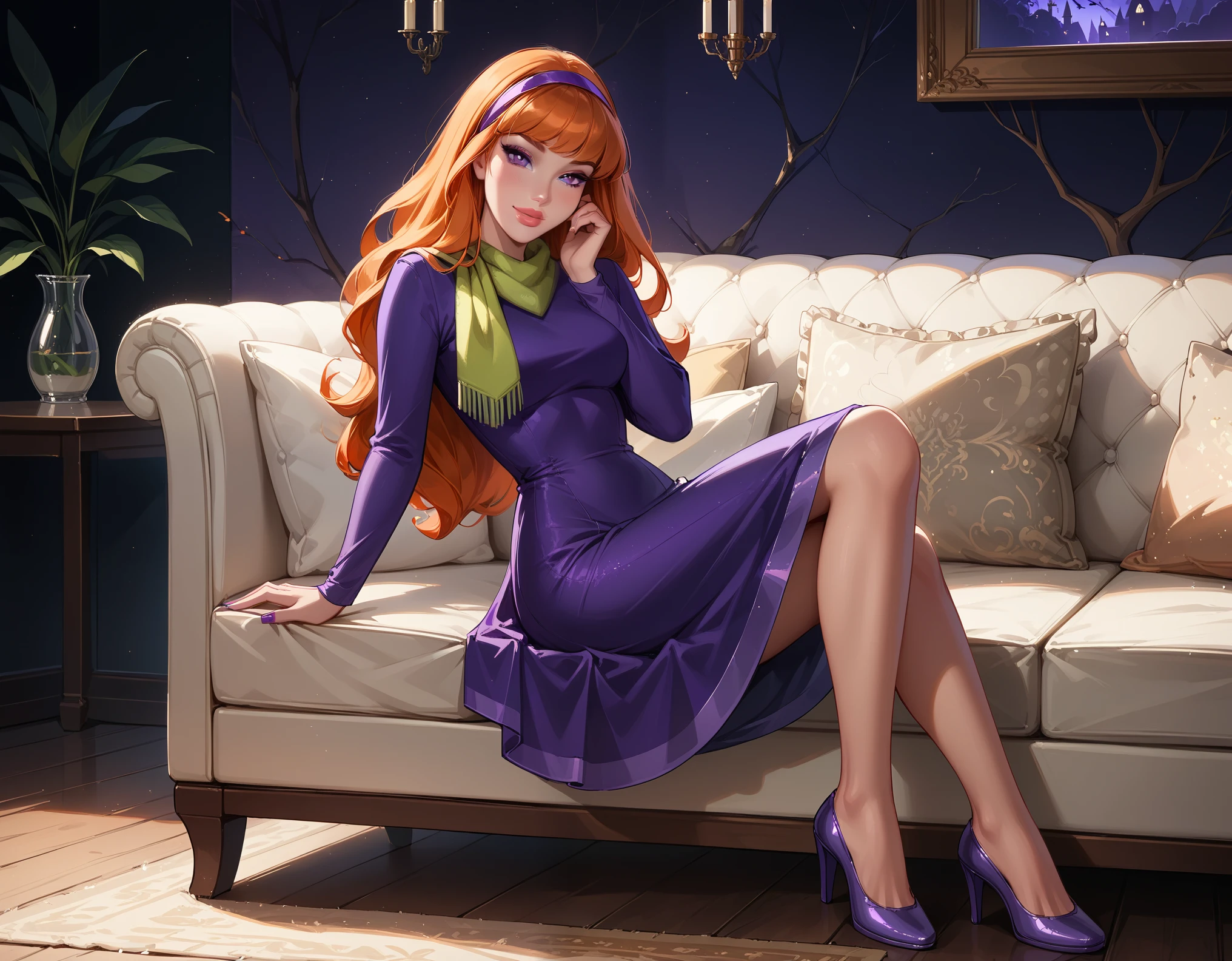 score_9, score_8_up, score_7_up, cinematic film still, solo, 1girl, very sexy (EPsbdDaphne, orange hair, long hair, purple eyes, purple hairband, green scarf, short purple dress, long sleeves, high heels:1.3), beautiful waifu, thicc, flirt, gaze, sexy look, half-closed eyes, head tilt, filled lips, thick lips, sweet smile, makeup, sexy pose, confident, relaxing on a large comfy sofa, in her living room, Halloween theme, haunted, night, dark, expressiveh d4rk01l, perfect hands, perfect proportions.