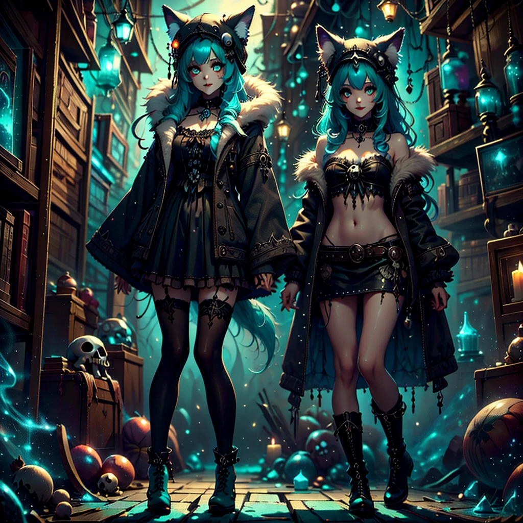 [Best quality, Shaded, extreme detail, highly detailed, ultra detailed, intricate, Realistic, perfect face], wolf woman, full body portrait, full fur, magic fur, full tail, big signal, magic tail, long hair (hair colorful), hat on the head (gothic style), almond-shaped eyes (bright turquoise color), expressive smile, charming face, gothic clothing (dark color with magic skulls), black fur tights, shoes (gothic style high boots ), the scene takes place in a narrow alley with a sinister and dark atmosphere.