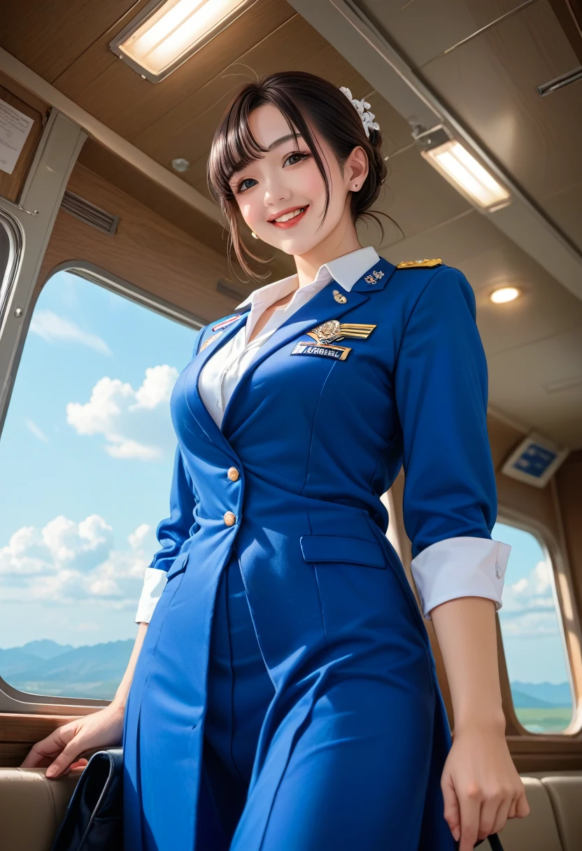 One Woman, Alone, High resolution, UHD, Beautiful Face,  Boyish hairstyle, Beautiful breasts,Landscape,smile,flight attendant, Cabin Attendant, THAT,Serving tea to guests,Low Angle,座席が沢山並んだIn-flight, 飛行In-flight, Age 30,flight attendant,In-flight,passenger,Uniform,Realistic