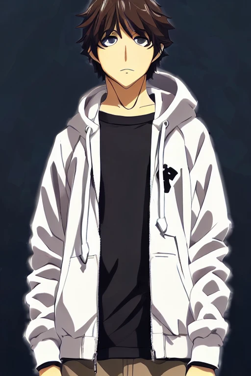 anime boy with brown eyes and a white jacket with a hoodie, makoto shinkai ( apex legends ), anime moe artstyle, anime boy, anime style portrait, kawaii realistic portrait, high quality anime artstyle, cute anime face, makoto, profile picture 1024px, young anime man, inime style, anime style character, high quality portrait male amirhossein ajorloo Muppet style 