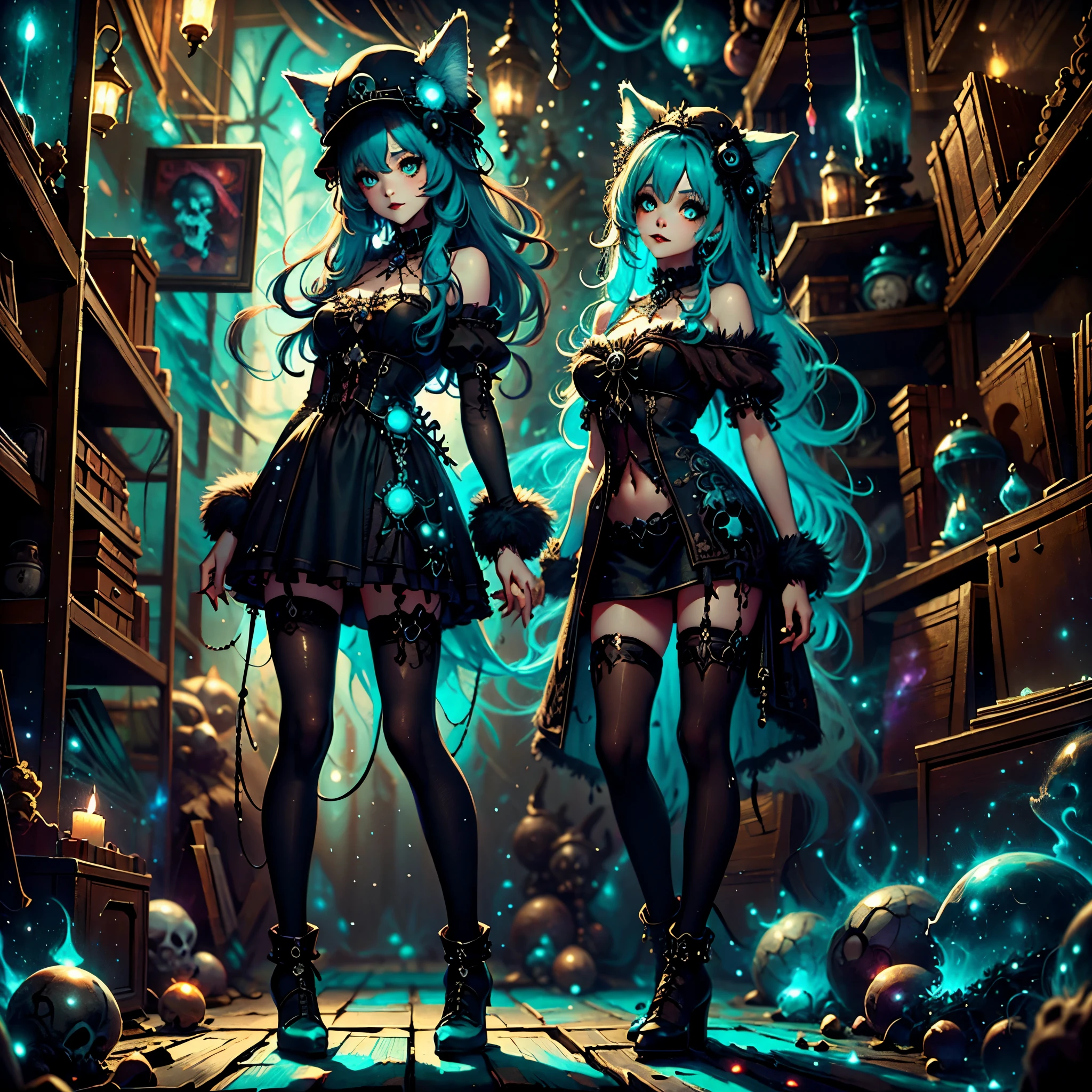 [Best quality, Shaded, extreme detail, highly detailed, ultra detailed, intricate, Realistic, perfect face], wolf woman, full body portrait, full fur, magic fur, full tail, big signal, magic tail, long hair (hair colorful), hat on the head (gothic style), almond-shaped eyes (bright turquoise color), expressive smile, charming face, gothic clothing (dark color with magic skulls), black fur tights, shoes (gothic style high boots ), the scene takes place in a narrow alley with a sinister and dark atmosphere.