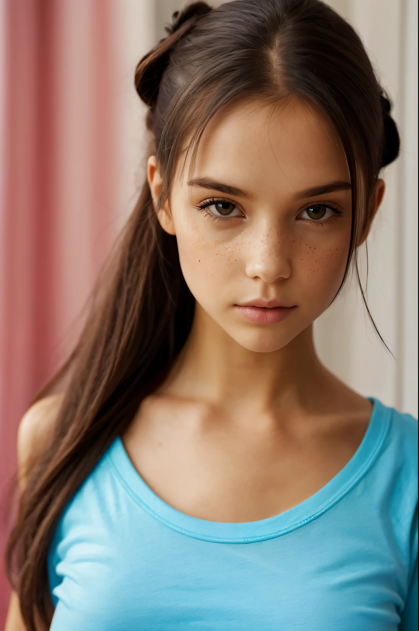 1girl, idol, close-up, collarbone,  ,, photo, film, depth of field, skin texture, t-shirt, rubber band, topknot, long hair, messy hair, freckles, jenya.d