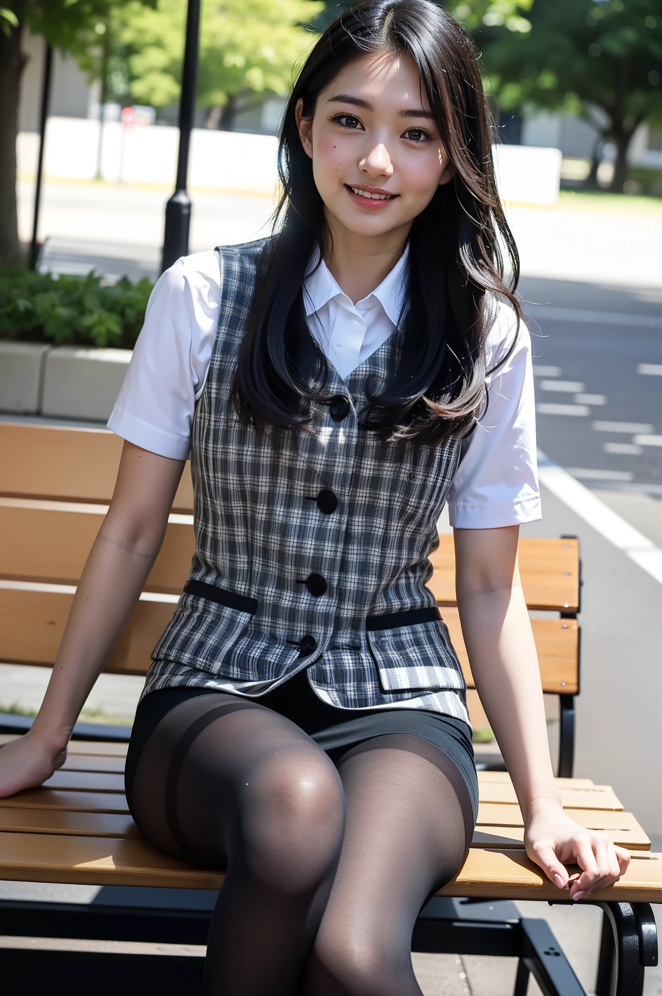 ulzzang-6500-v1.1, (RAW Photos:1.2), (Realistic), (Genuine:1.4), 1girl、Perfect Anatomy、42 years old、Looking at the camera、Medium long hair、Checked vest、((Sitting on a bench:1.3))、(Ultra-realistic pantyhose:1.2), (High heels)、(Business services)、Premonition of Love、A shy smile、