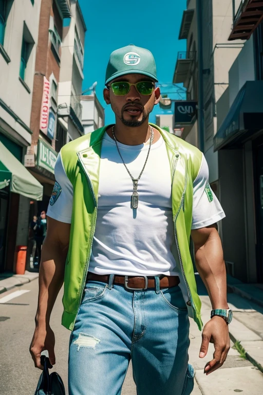 Uday is handsome man, wearing a green velvet jacket on t-shirt and blue jeans, Tall and fit, 74 kg weight, brown skin tone, 27 year old , wavy hair bun on backside of head, in the style of ethereal beauty, realistic blue skies, Hasselblad 1600f, hyper-realistic portraiture, bold colors, dynamic lines, hyper realistic ., textured skin, super detail