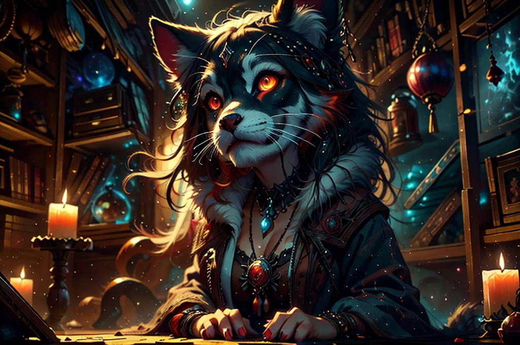 Walk in an apocalypse setting, [Best quality, shaded, extreme details, very detailed, ultra detailed, complex, realistic, perfect face], fenrir woman, thick fur, long hair, (flaming red colored fur), almond shaped eyes, discreet smile, serene face, wears a brooch around his neck, demon style clothing.