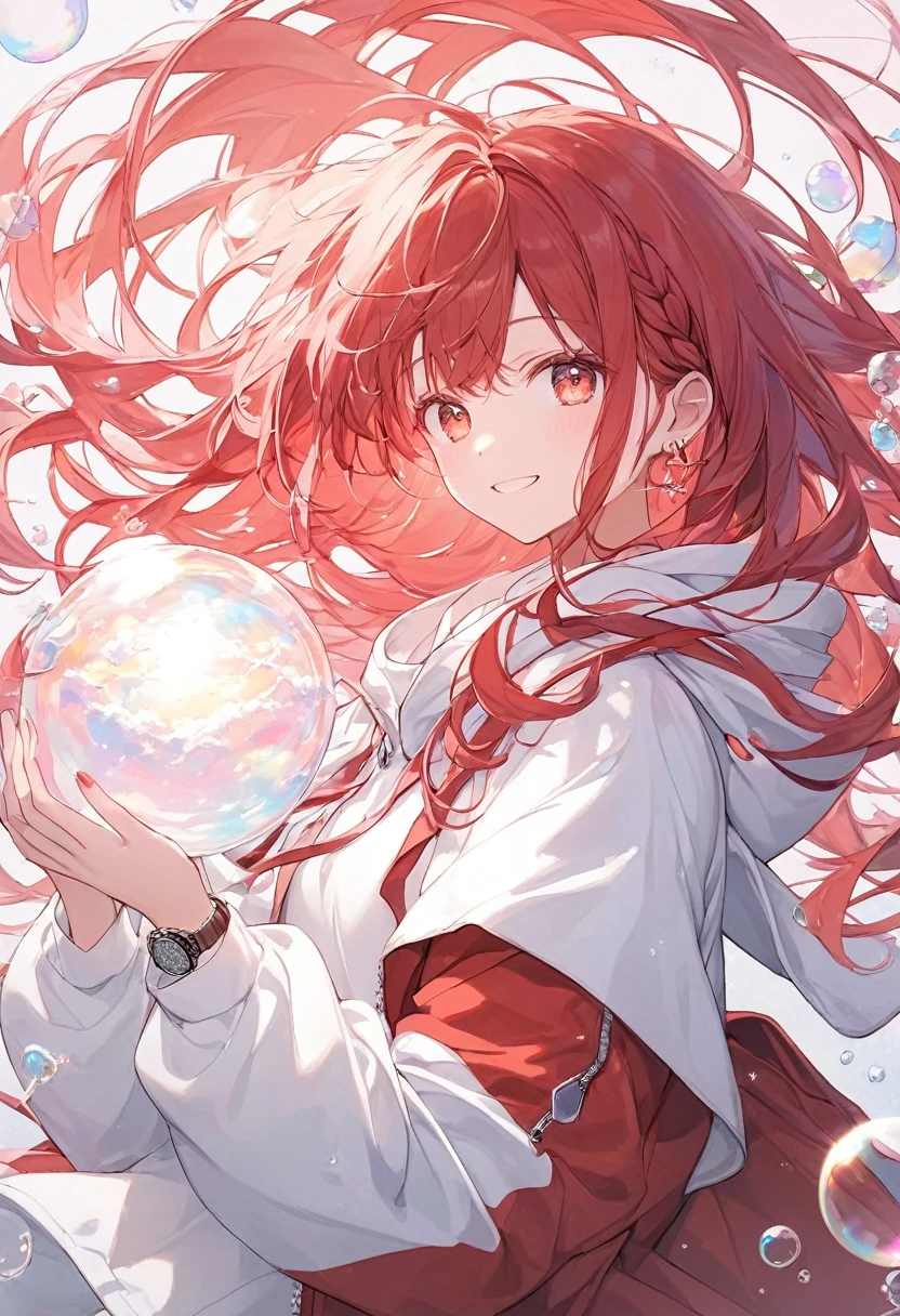 A smiling woman,pastel,smile,happiness,Red base,Red eyes,Shining Eyes,Red Hair,Long Hair,Braided on the side,A worn-out red coat,Blue hoodie,Black Skirt,The background glows red,pale,White Foam,Lots of soap bubbles,Backlight,A masterpiece held in both hands,Best Quality,Exquisite,8k,Absurd,Ultra-detailed illustrations,(Watch the audience)