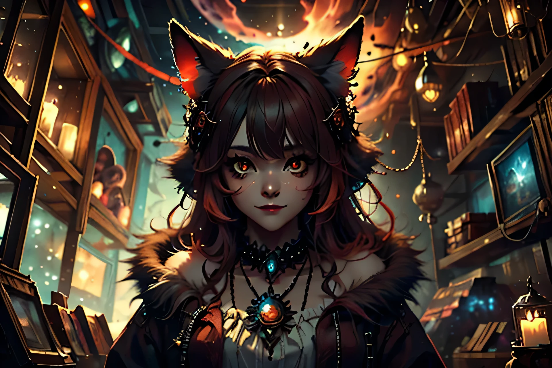 Walk in an apocalypse setting, [Best quality, shaded, extreme details, very detailed, ultra detailed, complex, realistic, perfect face], fenrir woman, thick fur, long hair, (flaming red colored fur), almond shaped eyes, discreet smile, serene face, wears a brooch around his neck, demon style clothing.