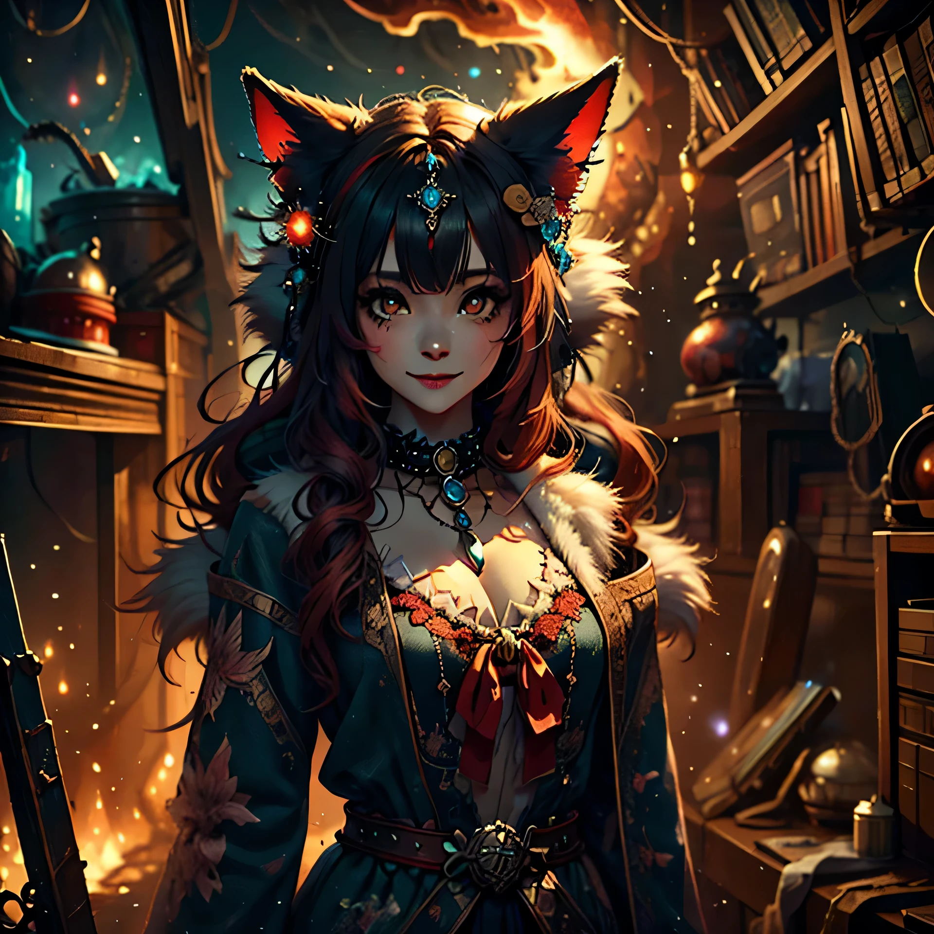 Walk in an apocalypse setting, [Best quality, shaded, extreme details, very detailed, ultra detailed, complex, realistic, perfect face], fenrir woman, thick fur, long hair, (flaming red colored fur), almond shaped eyes, discreet smile, serene face, wears a brooch around his neck, demon style clothing.