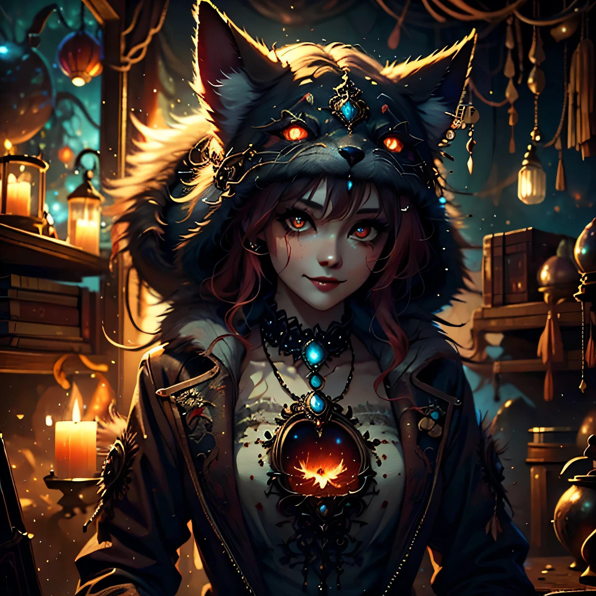 Walk in an apocalypse setting, [Best quality, shaded, extreme details, very detailed, ultra detailed, complex, realistic, perfect face], fenrir woman, thick fur, long hair, (flaming red colored fur), almond shaped eyes, discreet smile, serene face, wears a brooch around his neck, demon style clothing.