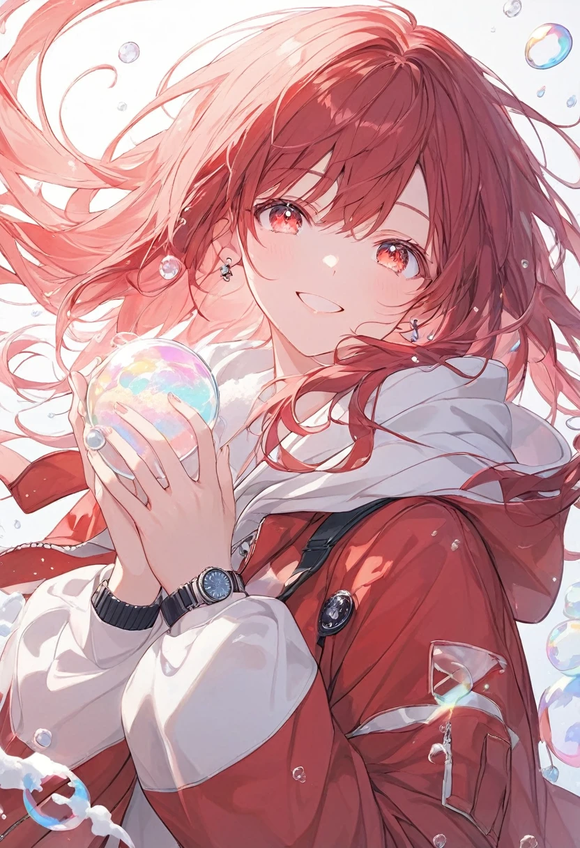 A smiling woman,pastel,smile,happiness,Red base,Red eyes,Shining Eyes,Red Hair,Long Hair,Braided on the side,A worn-out red coat,Blue hoodie,Black Skirt,The background glows red,pale,White Foam,Lots of soap bubbles,Backlight,A masterpiece held in both hands,Best Quality,Exquisite,8k,Absurd,Ultra-detailed illustrations,(Watch the audience)