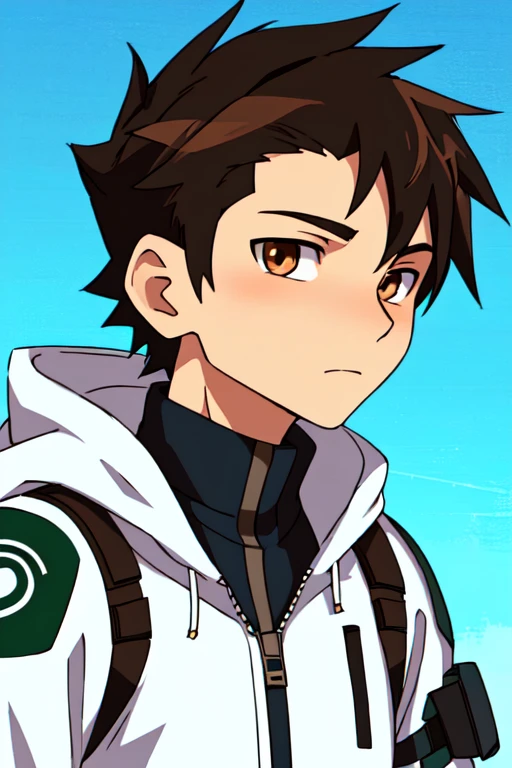 anime boy with brown eyes and a white jacket with a hoodie, makoto shinkai ( apex legends ), anime moe artstyle, anime boy, anime style portrait, kawaii realistic portrait, high quality anime artstyle, cute anime face, makoto, profile picture 1024px, young anime man, inime style, anime style character, high quality portrait male amirhossein ajorloo ben 10 reboot style 