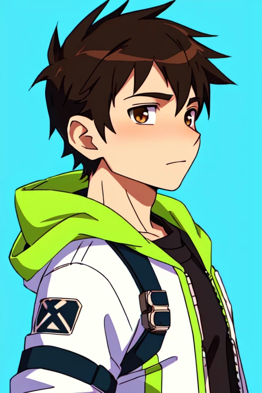 anime boy with brown eyes and a white jacket with a hoodie, makoto shinkai ( apex legends ), anime moe artstyle, anime boy, anime style portrait, kawaii realistic portrait, high quality anime artstyle, cute anime face, makoto, profile picture 1024px, young anime man, inime style, anime style character, high quality portrait male amirhossein ajorloo ben 10 reboot style 