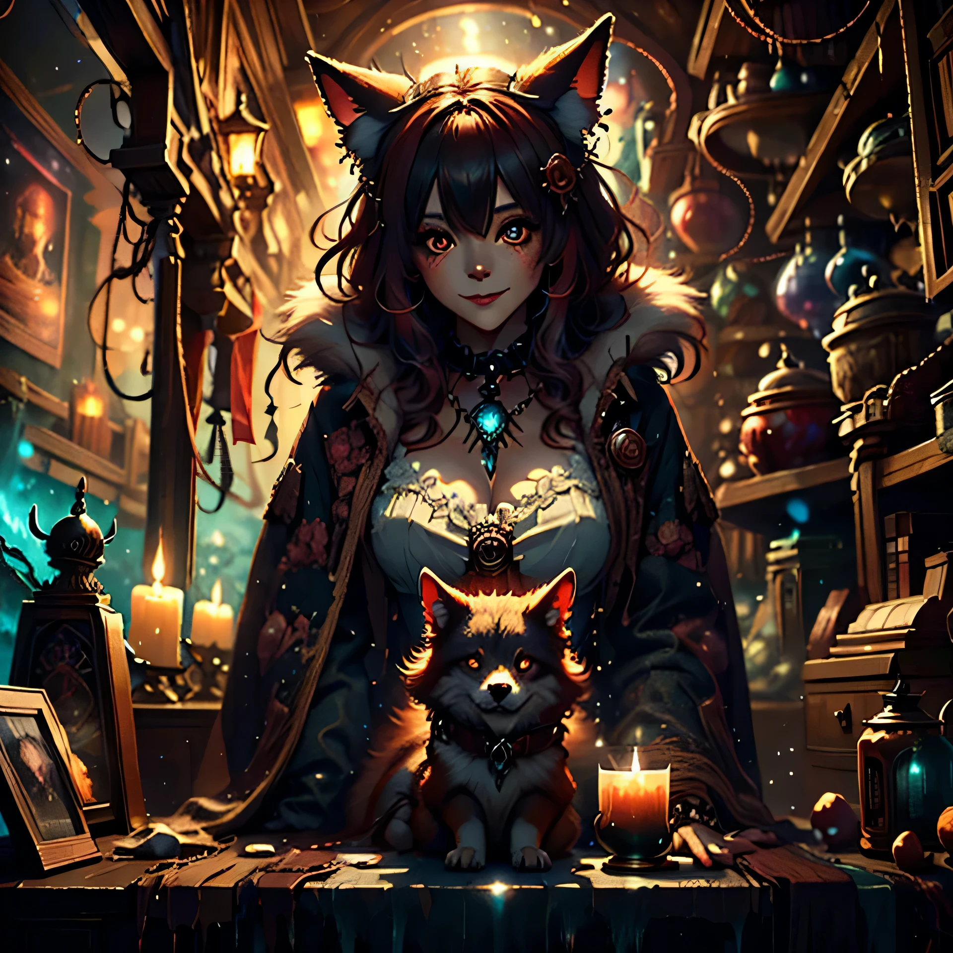 Walk in an apocalypse setting, [Best quality, shaded, extreme details, very detailed, ultra detailed, complex, realistic, perfect face], fenrir woman, thick fur, long hair, (flaming red colored fur), almond shaped eyes, discreet smile, serene face, wears a brooch around his neck, demon style clothing.