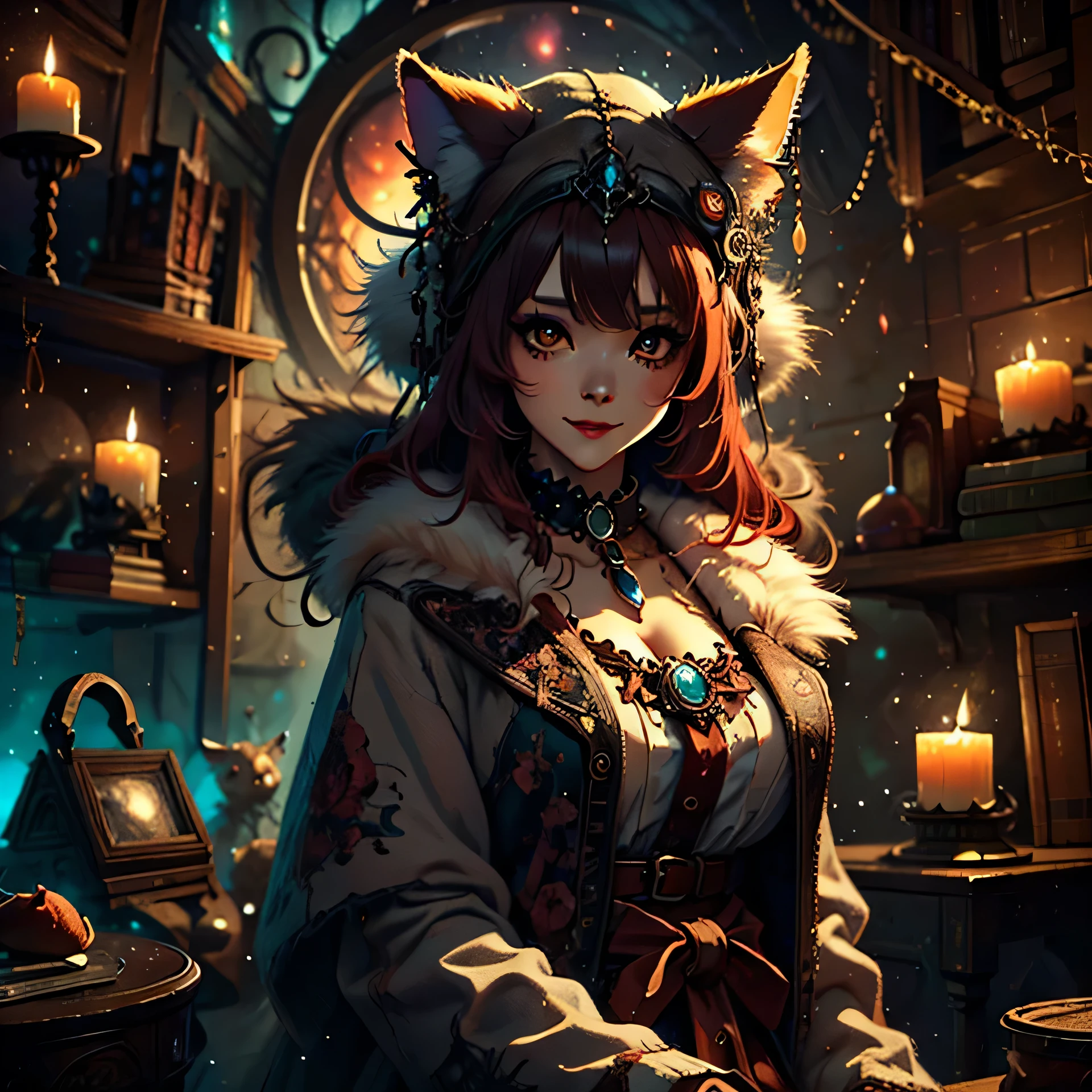 Walk in an apocalypse setting, [Best quality, shaded, extreme details, very detailed, ultra detailed, complex, realistic, perfect face], fenrir woman, thick fur, long hair, (flaming red colored fur), almond shaped eyes, discreet smile, serene face, wears a brooch around his neck, demon style clothing.