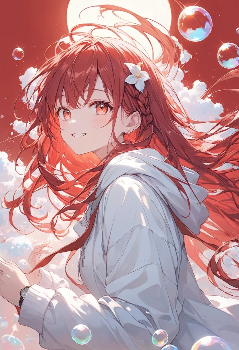 A smiling woman,pastel,smile,happiness,Red base,Red eyes,Shining Eyes,Red Hair,Long Hair,Braided on the side,A worn-out red coat,Blue hoodie,Black Skirt,The background glows red,pale,White Foam,Lots of soap bubbles,Backlight,A masterpiece held in both hands,Best Quality,Exquisite,8k,Absurd,Ultra-detailed illustrations,(Watch the audience)