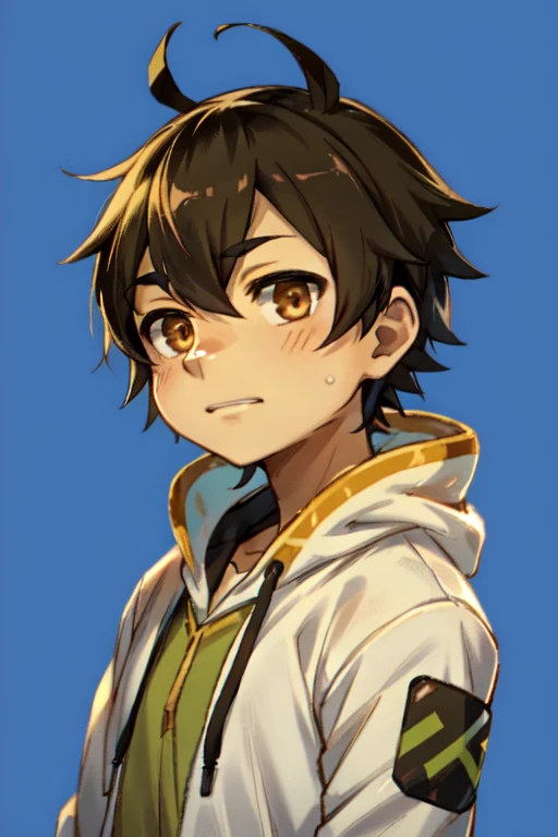 anime boy with brown eyes and a white jacket with a hoodie, makoto shinkai ( apex legends ), anime moe artstyle, anime boy, anime style portrait, kawaii realistic portrait, high quality anime artstyle, cute anime face, makoto, profile picture 1024px, young anime man, inime style, anime style character, high quality portrait male amirhossein ajorloo fnaf multi character style 