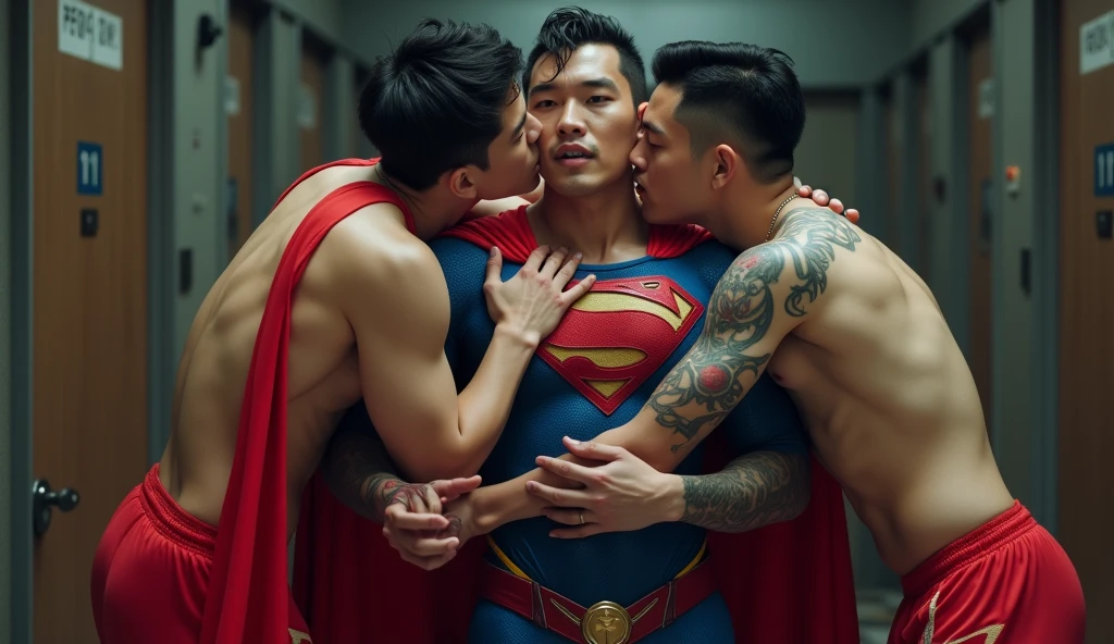 Young handsome naked Asian man kisses and hugs and fucked by big bulge Superman on a bed