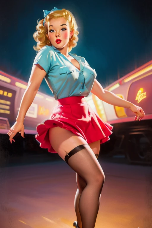20 years old Girl stanging next to a gas pump at a 1940s gas station, No Bra, No Panties, medium breast, shining skin, dramatic lighting, pin up style, sexy, surprised, , colorful , masterpieces, illustrated, shining skin, detailed face, Medium breast. tight body. red hair, Illustrated BY Zoe Mozert, pinup art byZoe Mozert, vintage pin up, illustrated by Zoe Mozert, girl pinup, pinup girl, pin-up poster girl, pin up girl, pinup, pin - up girl, Detailed face, Detailed Hands, Detailed legs,