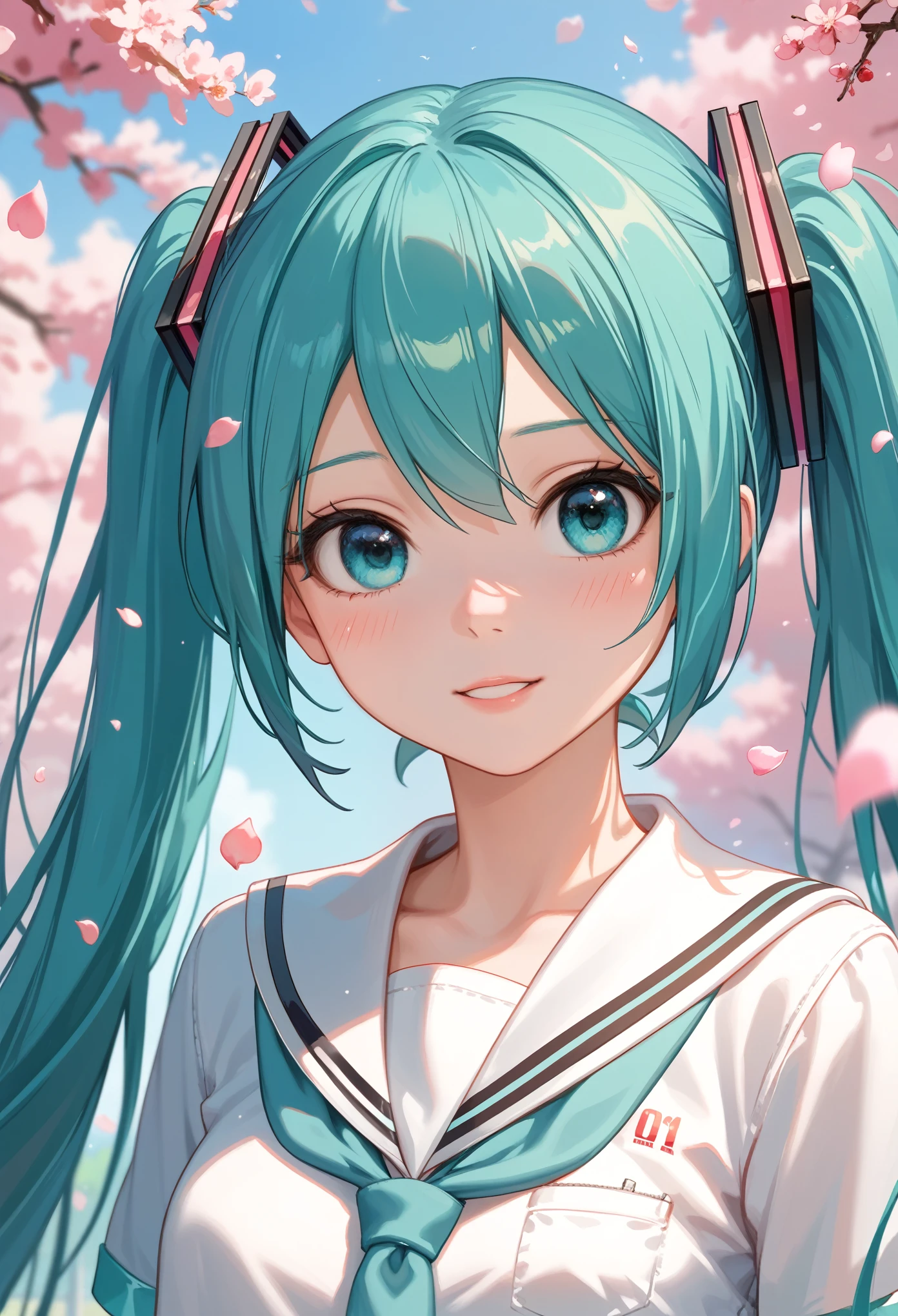 score_9,score_8_up,score_7_up,source_anime,masterpiece,best_quality,absurdres,highres,very_aesthetic,ray_tracing,close-up,
1girl,cute_face,slender body,petite body,fair_skin,shiny hair,seductive posture,
hatsune_miku,school_uniform,serafuku,
outdoors,sakura,falling_petals,