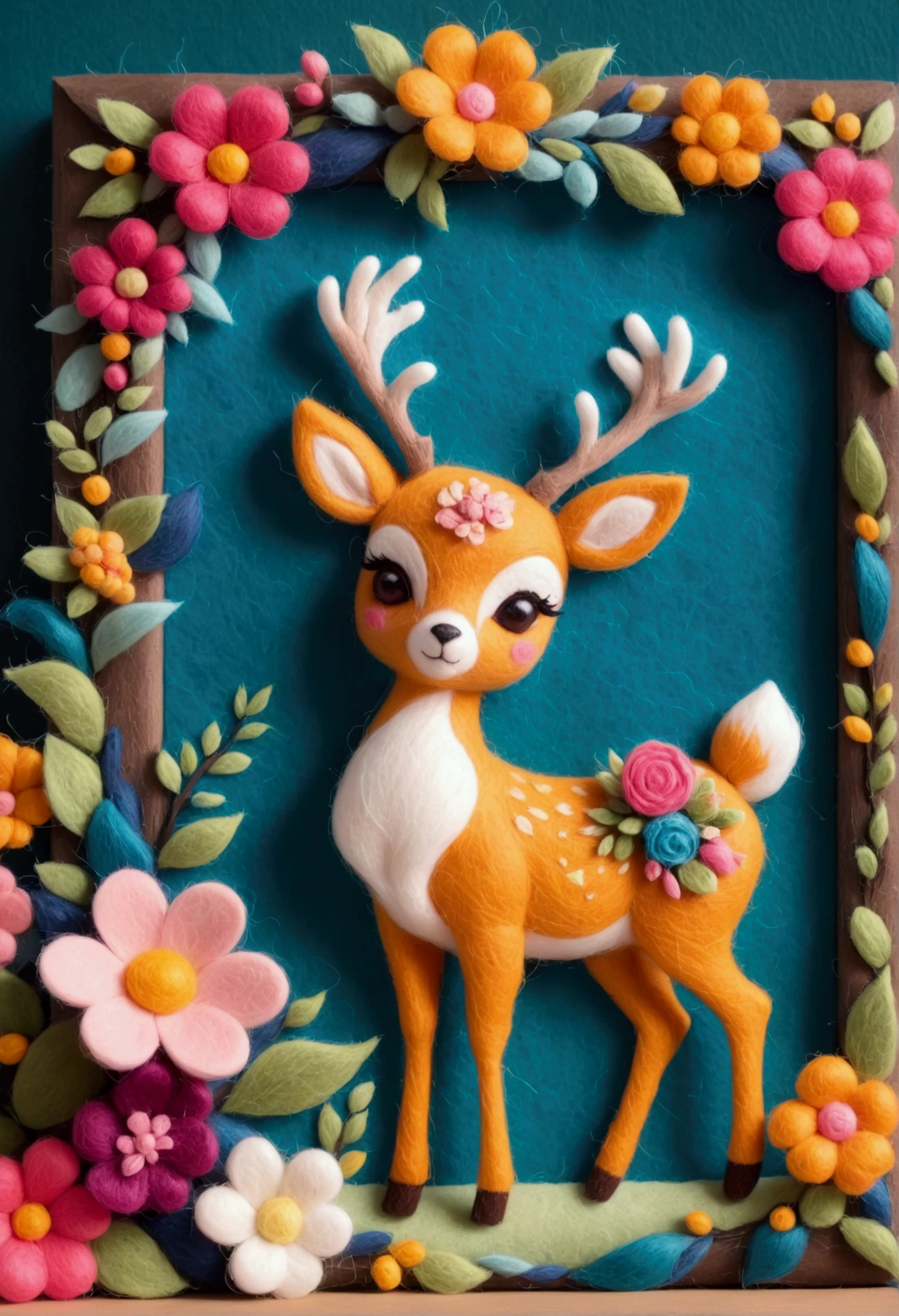 A beautifully framed felt painting is placed on the table：Close-up of a deer wearing a wreath of flowers and decorations, Beautiful wooden photo frame， Added details, needle felt art, Detailed plush toy, illustration!, Anthropomorphic deer, Wool Felt Art, Traditional Art,