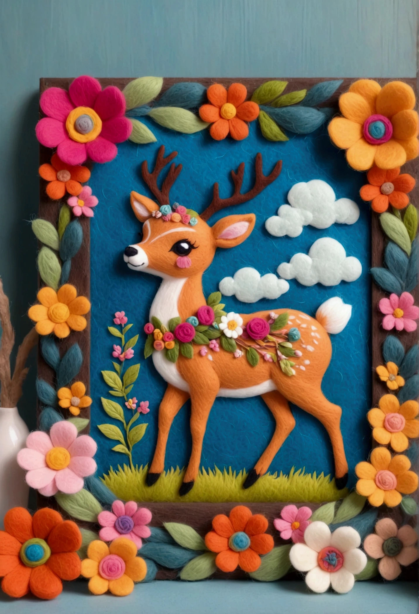 A beautifully framed felt painting is placed on the table：Close-up of a deer wearing a wreath of flowers and decorations, Beautiful wooden photo frame， Added details, needle felt art, Detailed plush toy, illustration!, Anthropomorphic deer, Wool Felt Art, Traditional Art,