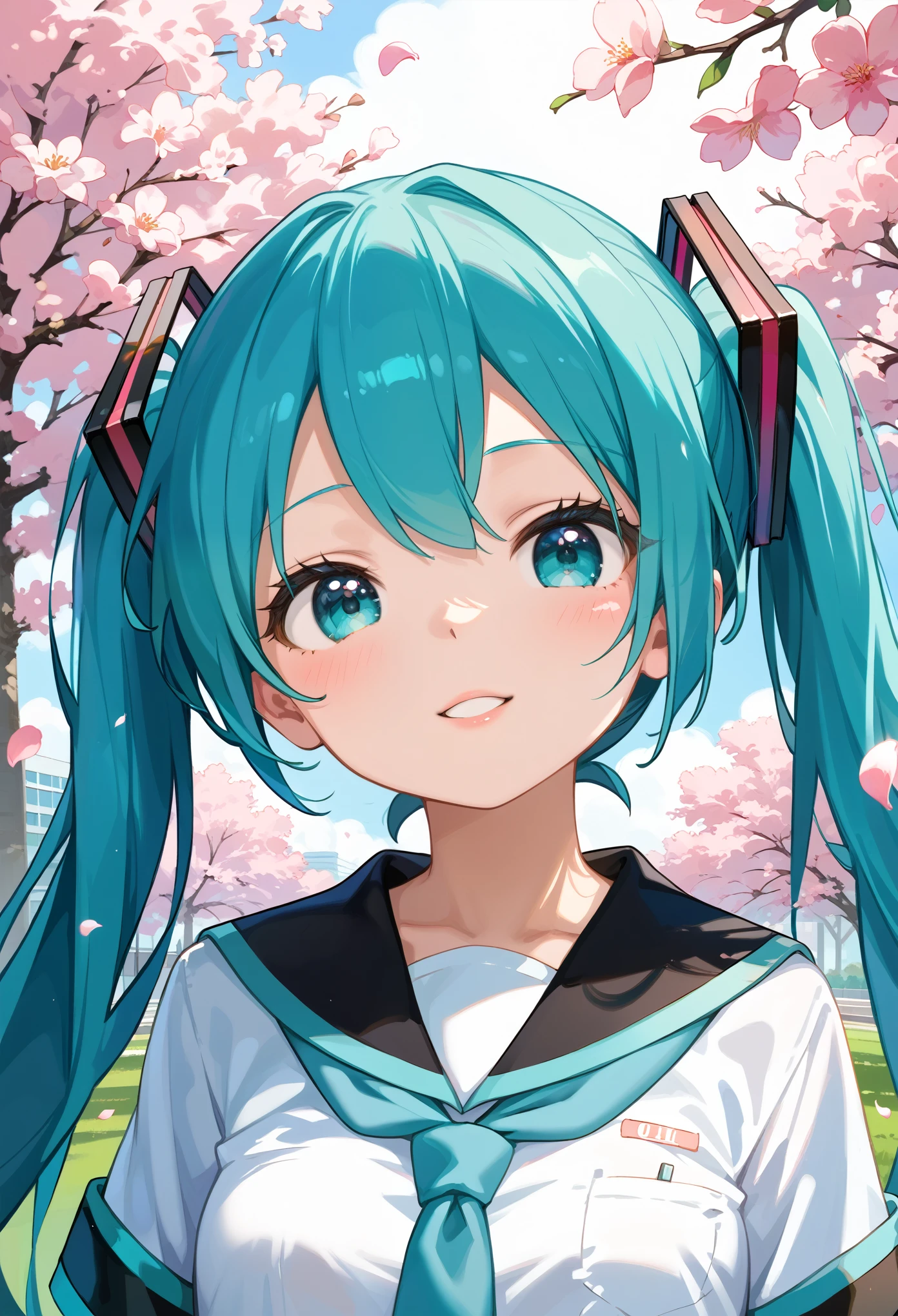 score_9,score_8_up,score_7_up,source_anime,masterpiece,best_quality,absurdres,highres,very_aesthetic,ray_tracing,close-up,
1girl,cute_face,slender body,petite body,fair_skin,shiny hair,seductive posture,
hatsune_miku,school_uniform,serafuku,
outdoors,sakura,falling_petals,