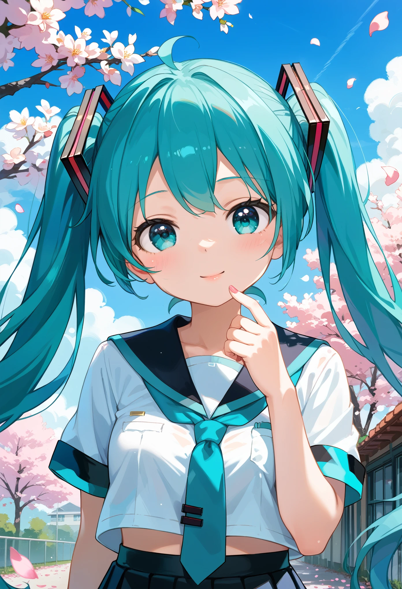 score_9,score_8_up,score_7_up,source_anime,masterpiece,best_quality,absurdres,highres,very_aesthetic,ray_tracing,close-up,
1girl,cute_face,slender body,petite body,fair_skin,shiny hair,seductive posture,
hatsune_miku,school_uniform,serafuku,
outdoors,sakura,falling_petals,