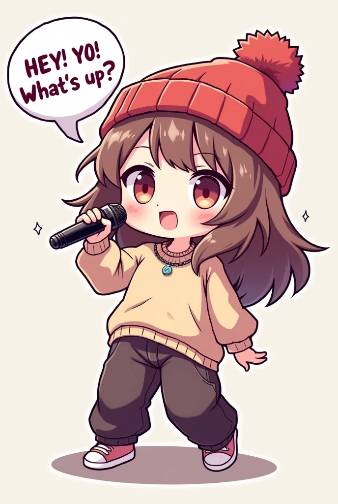 speech bubble saying "HEY! YO! What's up?", cute chibi girl, dancing and rapping with microphone, wearing knit cap, loose jumper, loose T-shirt, baggy pants, Hip Hop fashion, colorful effects, kawaii, dynamic and delicate depiction