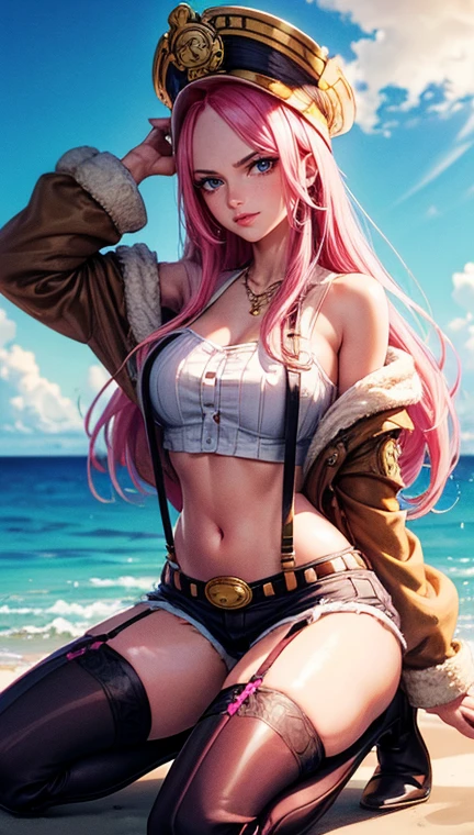 ((top-quality, 8K, masterpiece:1.3)), A detailed eye, (looking at from the front), Look at the camera, ((Everything is sparkling、reflecting light:1.2)), (Best Ratio: 4 fingers, 1 thumb), (portrait), (((Jewelry Bonney from One Piece))), JewelryBonneyV2, half body shot, light smile, 1girl, solo, cute asian face,  both arms behind head, , long hair, pink hair, hat, ((slim girl, medium breasts, hyperdetailed lips)), red lips, (thighhighs, shorts, suspenders, boots, purple eyes), navel, midriff, crop top, belt, suspender shorts, complex detailed background, barren land, rocks, ocean, nature environment, kneeling ,seiza , spread legs,, blushing,