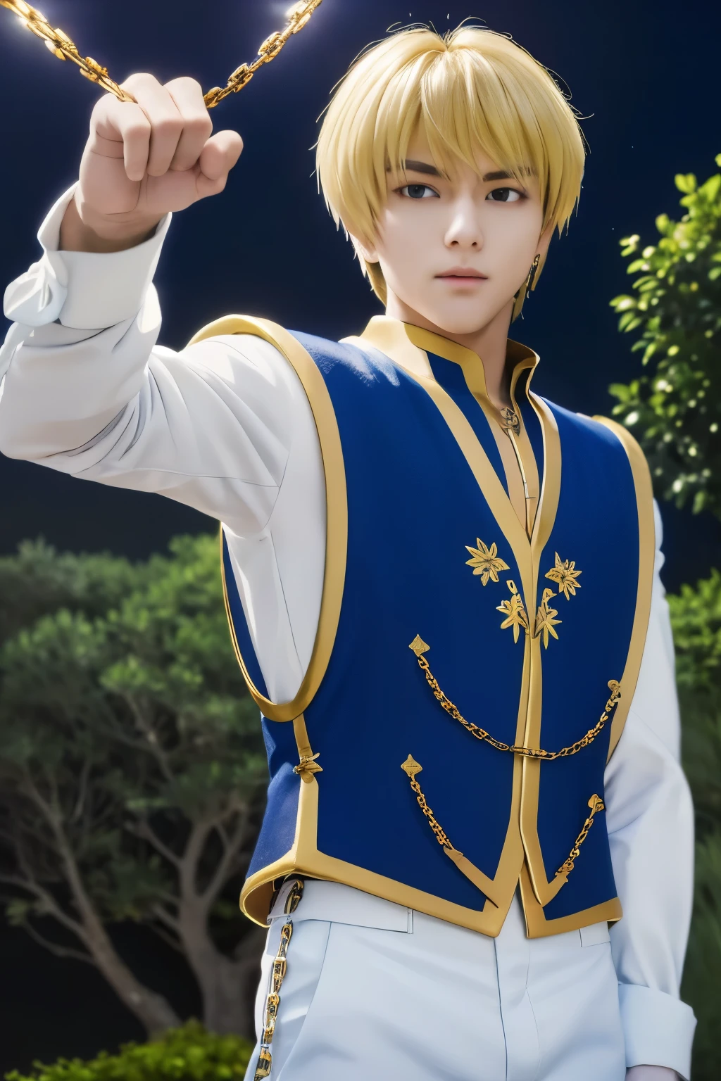 1boy, masterpiece, realistic, absurdres, best quality, high resolution, Kurapika, japanese boy, very handsome, perfect face, cute face, intricate detail, clear and beautiful detailed eyes, messy blonde short hair, shiny hair, bangs, blue tabard, white shirt, white pants, gold trim, holdig a chain, chains flying, slim muscular, handsome muscle, detailed skin, perfect hand, good anatomy, looking at camera, action scene, dynamic pose, fantasy, night, tree, Moonlight at night, wilderness, flowers, skynight, studio lighting, soft light, upper body portrait, front view, Professional photography, 8K UHD,