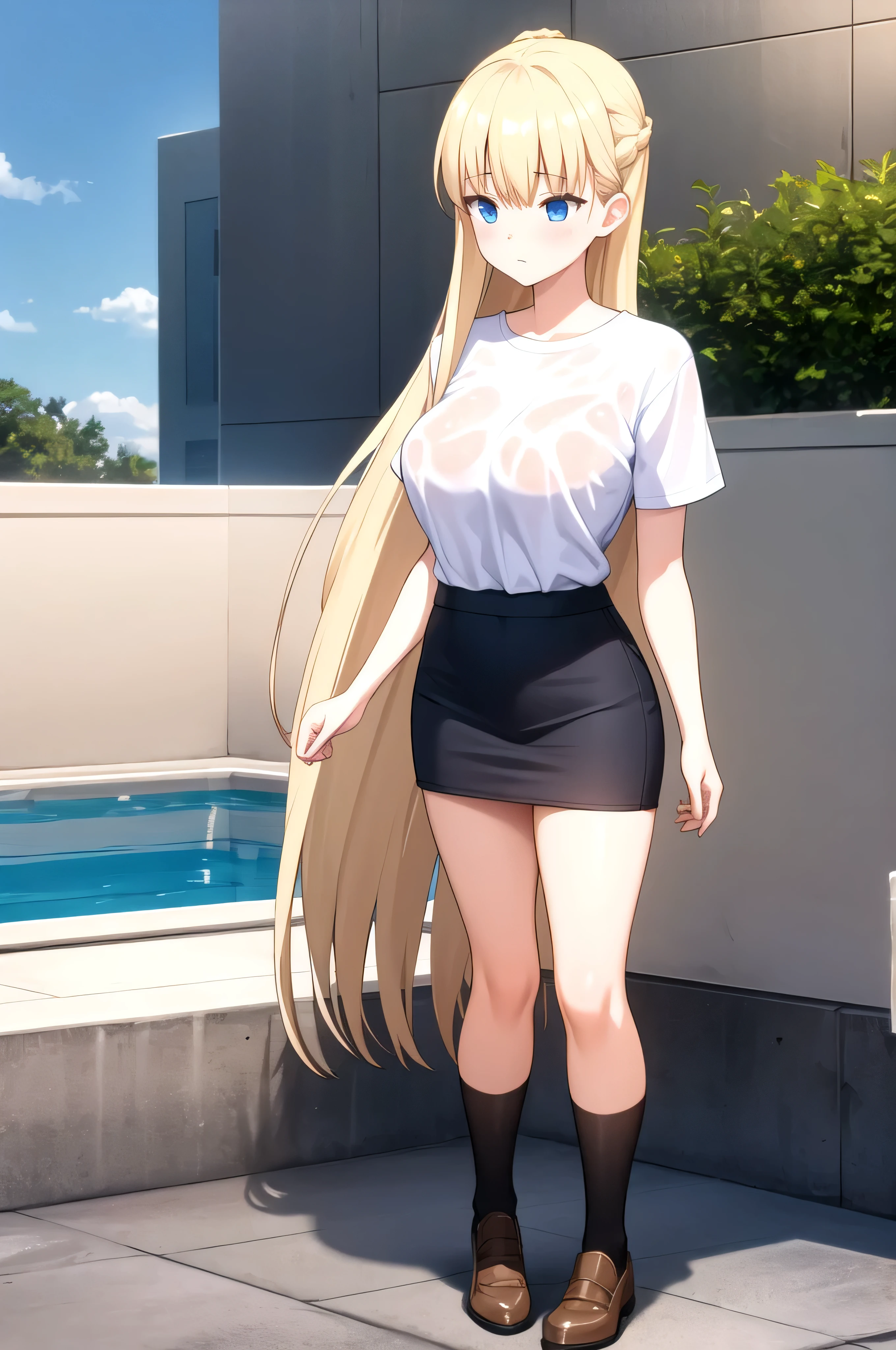 Create a young woman with long realistic blonde hair, blue eyes and big tits. She is wearing a white t-shirt, Long cut and short sleeves, without bra, and also wears a plain black cotton miniskirt. She comes out of a pool., soaked. The shirt clings to your body and is a little transparent.. full body,