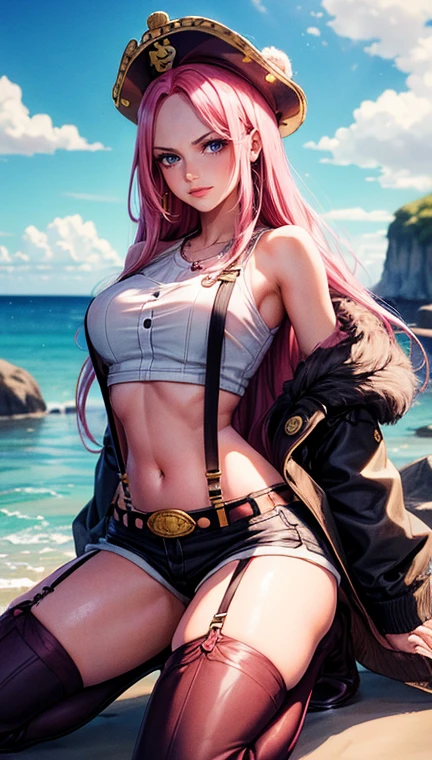 ((top-quality, 8K, masterpiece:1.3)), A detailed eye, (looking at from the front), Look at the camera, ((Everything is sparkling、reflecting light:1.2)), (Best Ratio: 4 fingers, 1 thumb), (portrait), (((Jewelry Bonney from One Piece))), JewelryBonneyV2, half body shot, light smile, 1girl, solo, cute asian face,  both arms behind head, , long hair, pink hair, hat, ((slim girl, medium breasts, hyperdetailed lips)), red lips, (thighhighs, shorts, suspenders, boots, purple eyes), navel, midriff, crop top, belt, suspender shorts, complex detailed background, barren land, rocks, ocean, nature environment, kneeling ,seiza , spread legs,, blushing,