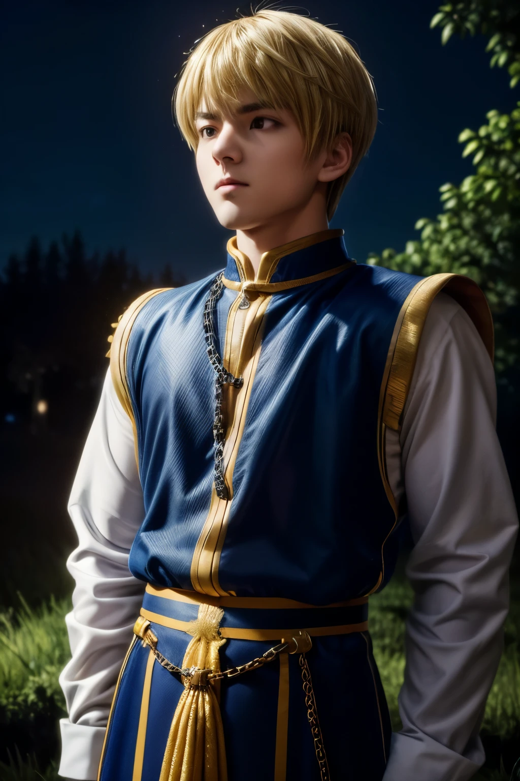 1boy, masterpiece, realistic, absurdres, best quality, high resolution, Kurapika, japanese boy, very handsome, perfect face, cute face, intricate detail, clear and beautiful detailed eyes, messy blonde short hair, shiny hair, bangs, blue tabard, white shirt, white pants, gold trim, holdig a chain, chains flying, slim muscular, handsome muscle, detailed skin, perfect hand, good anatomy, looking at camera, action scene, dynamic pose, fantasy, night, tree, Moonlight at night, wilderness, flowers, skynight, studio lighting, soft light, upper body portrait, front view, Professional photography, 8K UHD,