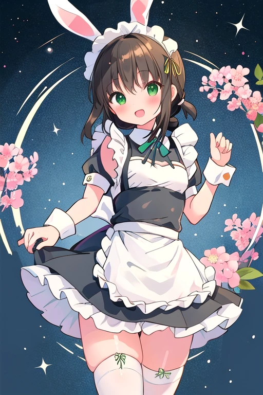 Beautiful illustrations、(Bunny Maid:1.2),(masterpiece、Best Quality、8k ), (Beautiful details), Highly detailed face, perfect lighting, High-definition CG, (Perfect hands, Perfect Anatomy), Fubuki_Kantai Collection, Black Hair,Short Ponyしっぽ,Side Lock,Low ponyしっぽ,green eyes,14 years、Shining Eyes、Small breasts、Thighs、Sexy pose,Thighs、(whole body)、