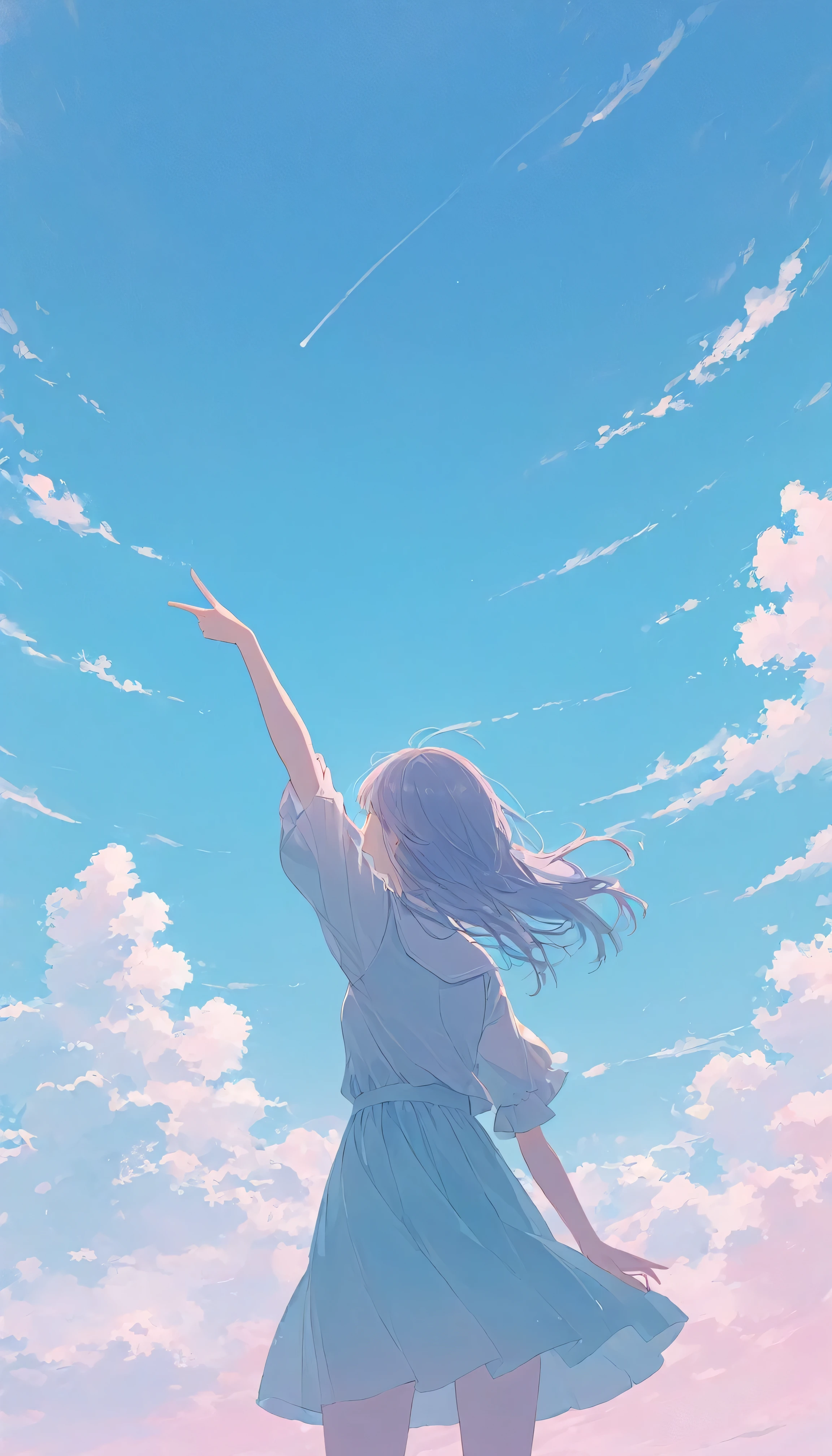 Woman pointing at the sky,Pastel colors,Standing under the blue sky,A touching scene